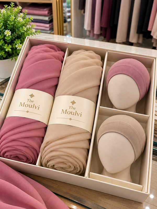 Pack of 2 - Chiffon Georgette Hijabs with 2 Matching Plain Caps